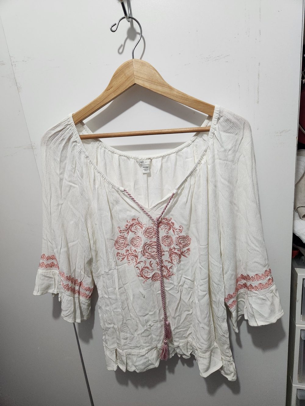 Cato White Peasant Blouse with Red Rose Embroidery